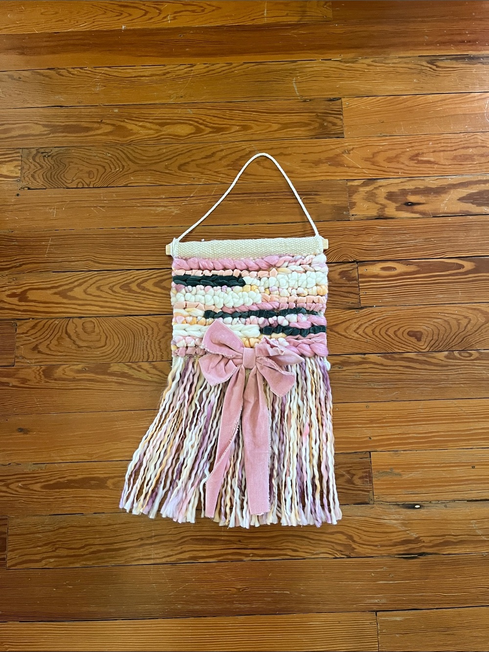 Pastel Handwoven Wall Hanging with Pink Bow Accent